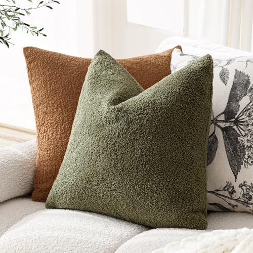 Image of Foindtower Pack of 2, Curly Faux Fur Decorative Throw Pillow Covers Soft Fuzzy Plush Cushion Case with Zipper Cozy Pillowcase for Home Living Room Couch Bed Sofa 16 x 16 Inch, Moss Green