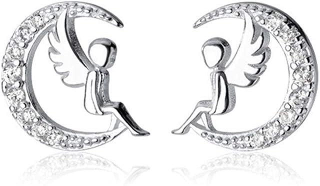 925 Sterling Silver Crystal Angel Wings Tiny Earrings Angel Baby Fairy Moon Jewelry Cute Allergy Free Ear Studs For Women Princess Gifts