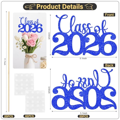 Image of Class of 2026 Decorations - 20 Pcs Blue Graduation Centerpieces for Tables, Double-Sided Blue Graduation Decorations 2026 with Grad Picks