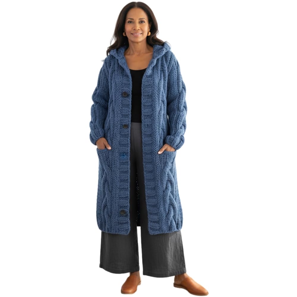 Womens Winter Knit Long Cardigan Sweater Casual Loose Button Down Hooded Cardigans with Pockets Warmth Oversized Coat