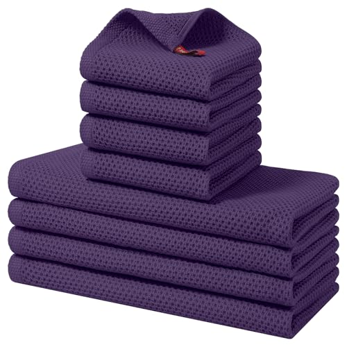 Homaxy 8 Pack 100% Cotton Kitchen Towels and Dishcloths Set, Eggplant