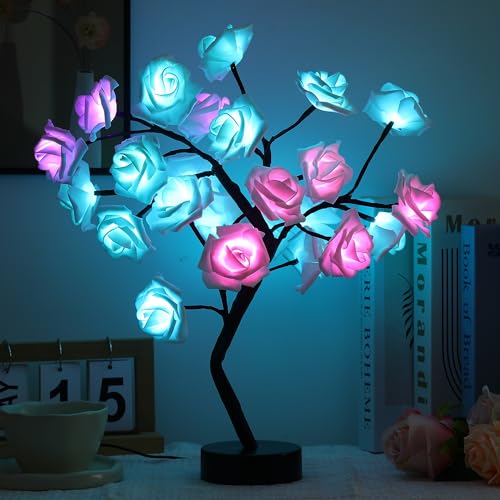 Rose Flower Tree Lamp - LED Rose Tree Table Lamp USB/Battery Powered Artificial Bonsai Flower Night Light for Bedroom Living Room Party Wedding Valentine's Mother's Day Decor (White)