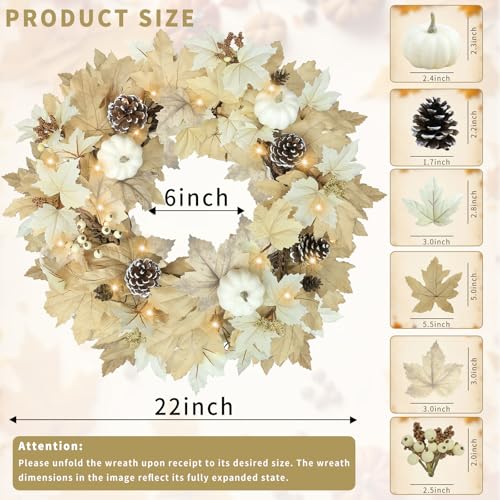Image of Fall Wreath with Lights 22 Inch | Pre-Lit Wreath with Maple Leaves Pumpkins & Pinecones for Indoor Outdoor Wall Porch Thanksgiving Halloween Decor