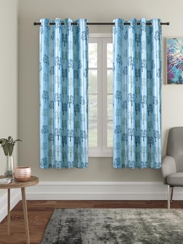 Image of Cortina Floral Light-Filtering Polyester Curtains 5 feet Long Pack of 2 + 50 Candle for Window [ Opacity: 50-60%, Color: Blue, Printed Curtain -130 GSM ]