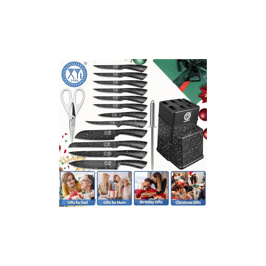 XYJ Authentic Since 1986,Knife Block Set,Kitchen Knives Set with Holder,Professional Japanese Chef Knife Set,Carving Slicing Paring Bread Knife,Steak Knives,Black Color