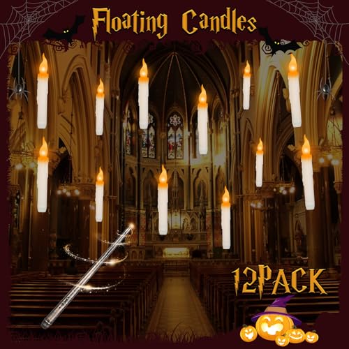Zorpupoa Floating Candles with Wand Remote, Magic Hanging Candles Halloween Decorations, LED Flickering Flameless Candles for Party Room Home Ceiling Witch Decor, Halloween Gifts (Yellow)