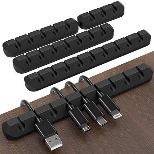 Jirvyuk - Juego de 4 clips de cable de silicona adhesivo para cables, organizador de gestión de cables para cables de alimentación, cables de carga en la oficina y el hogar