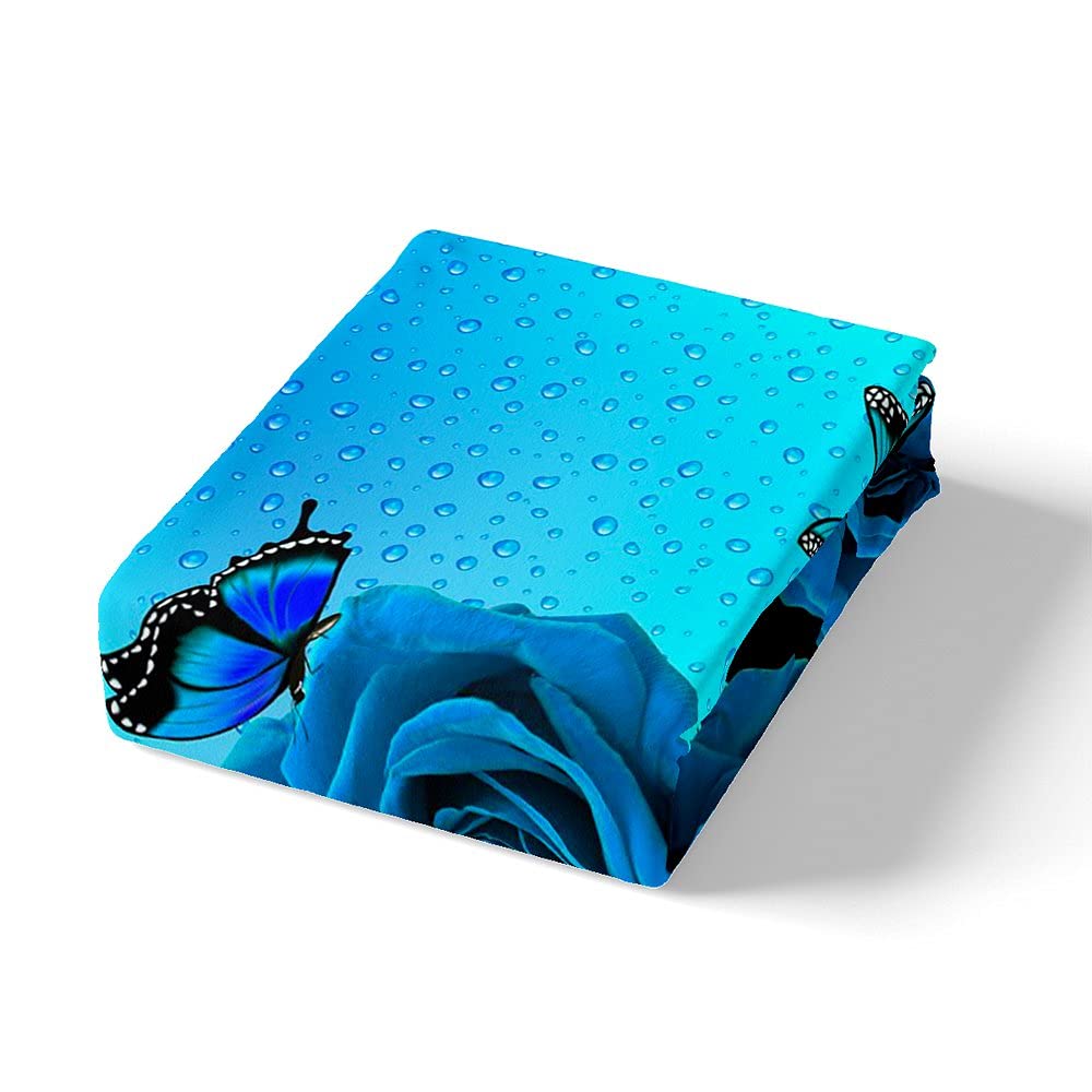 Juego de ropa de cama para niñas con diseño de rosas y flores, color azul, con 2 fundas de almohada