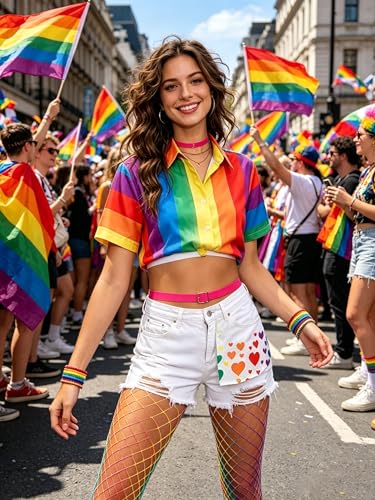 Image of NUMJAW Rainbow Fishnets Tights Pride Outfits for Women Pride Fishnet Tights Stockings LGBT High Waist Leggings Hosiery