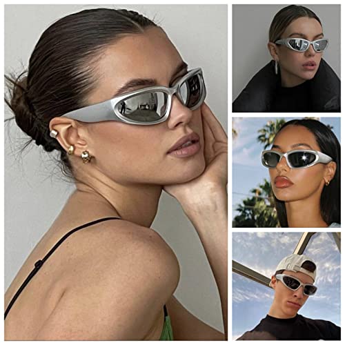 Y2K Wrap Around Sunglasses Trendy Silver Glasses Retro 90s Shades Women Futuristic2