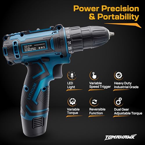 Image of TOMAHAWK TDS-9150 12V Cordless Drill /Screwdriver Kit | 10mm Keyless Chuck | 2-Speed (350 /1350 RPM) | 1.5Ah Single Battery | LED Light | 25+1 Torque | Drill & Screwdriver Bit Set for Home, DIY