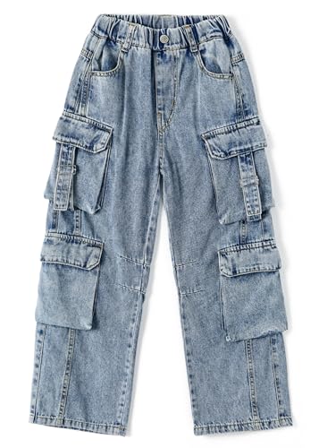 KIDSCOOL SPACE 8-Pocket Girls Wide-Leg Denim Pants, 5-14T Ribbed Elastic Waist with D-Ring Loops Cargo Jeans
