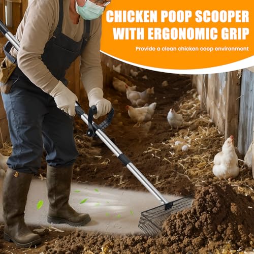 Image of 15inch Heavy-Duty Chicken Poop Scooper with Ergonomic Grip, Chicken Coop Scoop with Adjustable Stainless Steel Handle (24-70 inch), 4-in-1 Litter Sifting Shovel for Chicken Coop Accessories