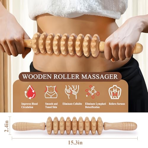 Image of Muscle Roller Wood Cellulite Massage Roller Deep Tissue Massager Wood Therapy Massage Tools Fascia Blaster for Lymphatic Drainage, Muscle Relief(9-Wheel)