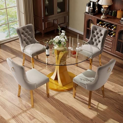Image of 5-Piece Dining Table Set with 39In Tempered Glass Table and 4 Velvet Upholstered Chairs, Modern Scandinavian Furniture for Dining Room Kitchen(Gray&Gold)