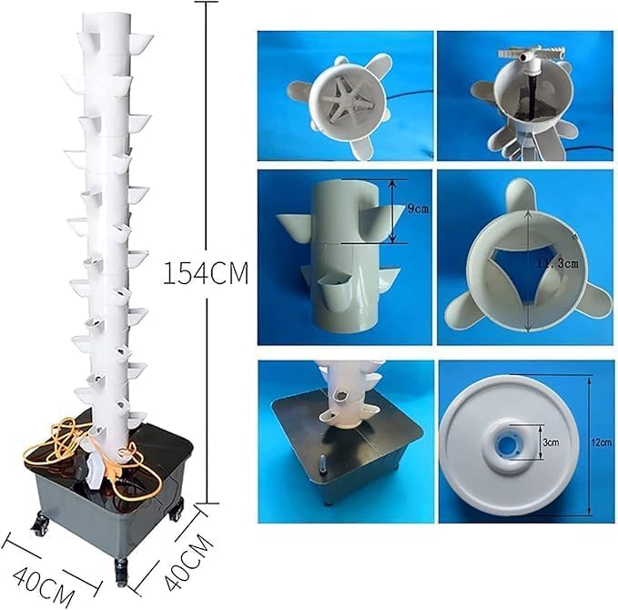 Kit de Jardín Vertical Hidropónico 45 Cavidades, Sistema de Plantación en Torre con Tanque de 30L, Cultivador Interior para Verduras de Hoja, Soporte para Plantas Apilable para Principiantes - Sin Des
