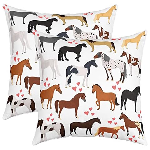 Horse Decorative Pillow Covers 18x18 Set of 2, Farm Cute Animal Pillow Covers For Kids Boys Girls Teens, Cartoon Horses Pink Lover Heart Throw Pillow Covers, Kawaii Cowboy Cowgirls Cushion Covers Cover