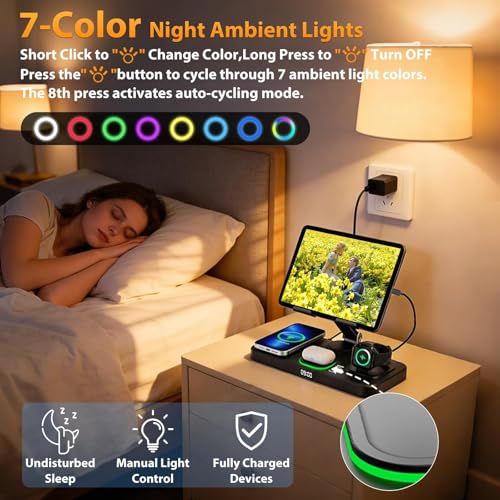 Image of 30W Charging Station for Apple Products, Foldable Wireless Charger with Clock Display&7 Color Light, Wired Charging for iPad /Tablet Charging Station for iPhone17, for Apple Watch11 for AirPods4(Black