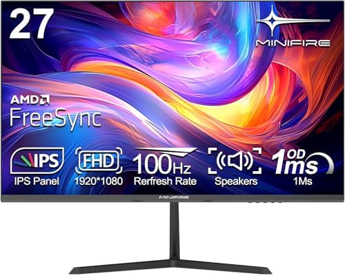Minifire 27 Inch PC Monitor with Built-In Speakers, 100Hz, FHD 1080P, Frameless, IPS, Tilt, Eye Protection, VESA 75x75mm, HDMI DP USB-C - Black
