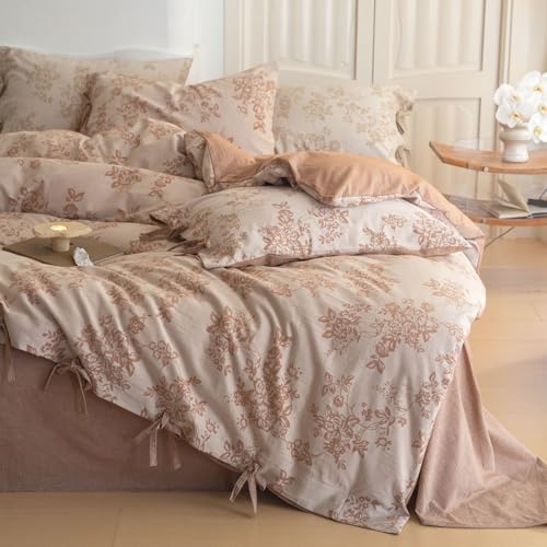 VM VOUGEMARKET Monet Flower Duvet Cover King 3 Pieces Retro Jacquard Floral Bedding Set,Linen Cotton Yarn-Dyed Textured Comforter Cover with Bowknot-104 x90,Pumpkin