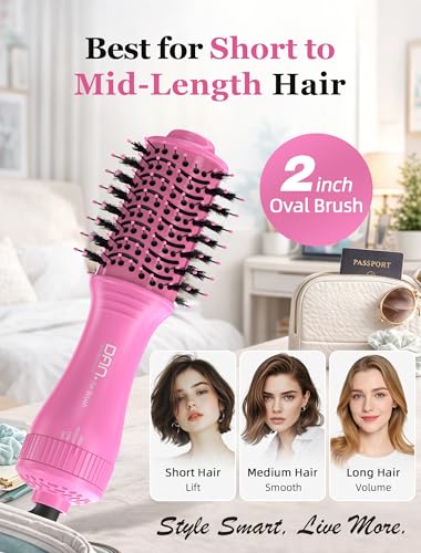 Image of Mini Travel Ceramic Blow Dryer Brush for Short to Medium Hair, 2 Inch Oval Styling Hot Air Brush with 3 Heat Settings, Lightweight Volumizing & Smoothing Tool, 120V, Pink
