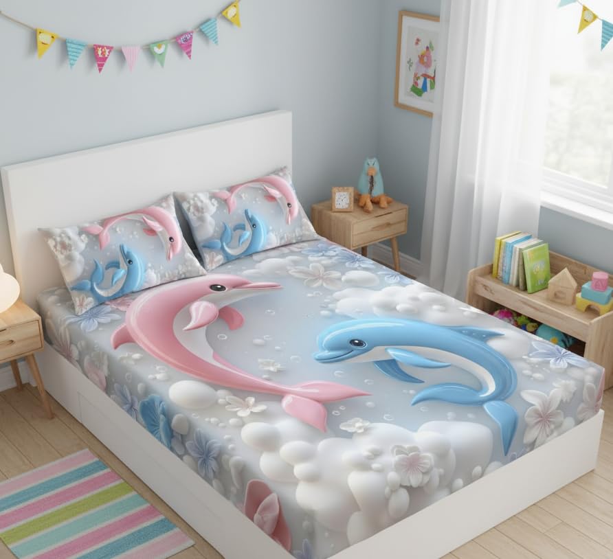 Image of Premium 7D Printed King Size Bedsheet Set with Pillow Covers Soft Cotton Blend Double Bedsheet for Home (Pillow Covers :18x28 inches Bedsheet :90x100 Blue,Pink)