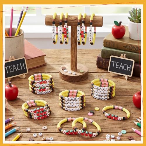 Image of Tondiamo Back to School Gift Bulk for Teacher Apple Pencils Bracelets Graduation Party Favor End of Year Gift Clay Beaded Bracelets for Teachers Thank You Gifts