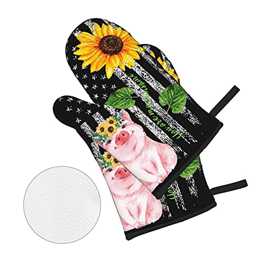 Oven Mitts And Pot Holders Sets Farmhouse Sunflower Pig American Flag Kitchen Microwave Gloves And Hot Pads Potholders With Cotton Liner Grip Cooking Mitts For Baking Cooking Grilling Bbq #TOP2