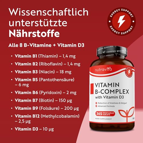 Vitamin B-Komplex - JAHRESVORRAT - Alle 8 B-Vitamine in 1 Tablette - Vitamin B1, B2, B3, B5, B6, B12, Biotin, Folsäure & Vitamin D3 - Premium: Mit aktiven Vitamin B-Formen - Hochdosiert