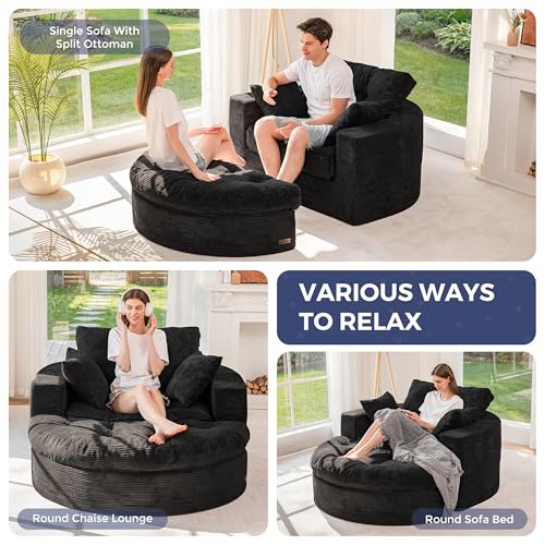 Image of MAXYOYO Modular Sectional Chaise Lounge Sofa, Round Upholstered Lounge Chair with Ottoman, Comfy Couch with Layered Cushion, Tufted Sleeper Chair for Living Room, No Assembly, Black
