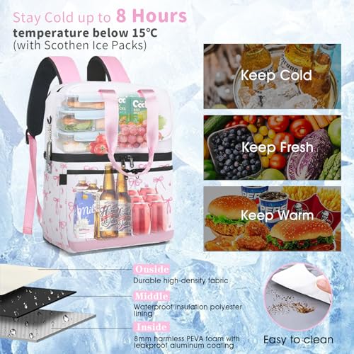 Image of Scothen Backpack Cooler with Double Decker & 12 Ice Packs- Keeps 36 Cans Cold for Up to 24 Hours- Waterproof & Leak Proof Insulated Cooler Backpack- Stylish Cooler Bookbag for Women Travel Work Beach