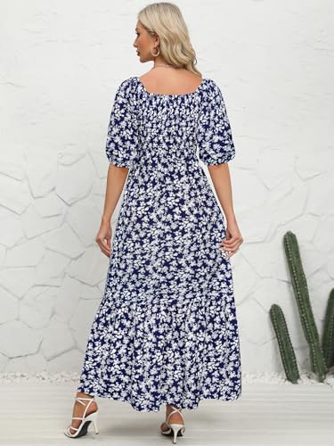 Image of Lyrur Summer Boho Smocked Maxi Dresses for Women Casual Puff Sleeve Square Neck A Line Tiered Ruffle Ankle Length Dress