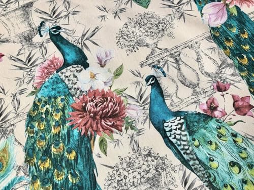 Tissu coton pour rideaux et ameublement motif paon floral vintage 140cm x 2m