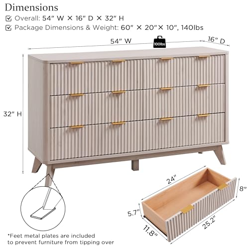 Image of T4TREAM Fluted 6 Drawers Dresser, 54 inch Wide Modern Chest of Drawers, Curved Profile Design, Dresser TV Stand, Wood Drawer Organizer for Bedroom, Living Room, Hallway, White Alder