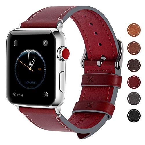 Fullmosa Compatible Apple Watch Band 40mm 41mm 38mm 42mm 44mm 45mm Leather for iWatch SE & Series 7/6/5/4/3/2/1, 42mm 44mm 45mm Red + silver buckle