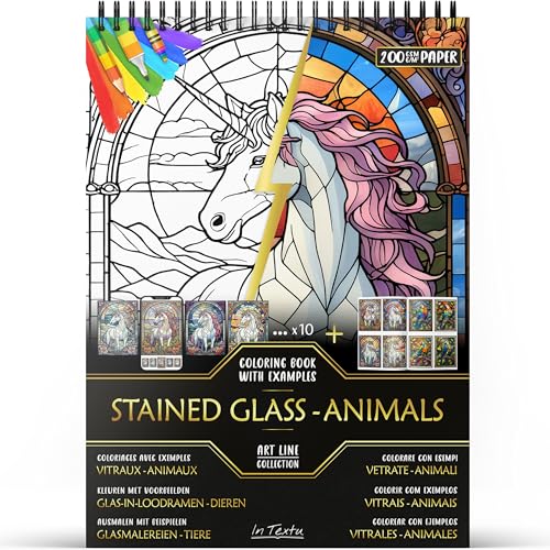 In Textu – Vetrate - Animali – Libro da Colorare per Adulti e Adolescenti con Esempi Colorati Ispiratori – Carta Premium 200 g/m² – Rilegatura a Spirale Fine – Libro da Colorare Rilassante