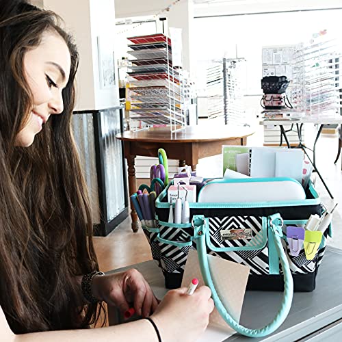 Image of Everything Mary Teal Geometric Deluxe Store and Tote - Storage Organizer Bag for Crafts, Sewing, Paper, Art, Desk, Canvas, Supplies Storage Organization - Travel Art Box with Handle