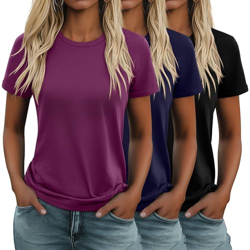 Huukeay 3 Pack Women's Cotton T Shirts Casual Short Sleeve Tunic Tops Crewneck Summer Plain Basic Loose Fit Tee