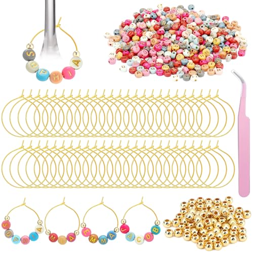 Outus 50 Set Personalized Wine Glass Charms Rings 1000 Letters Beads 100 Golden Beads 50 Tone Hoops 1 Tweezer Custom Charms Wine Glass Markers for Party Bridal Shower(Colorful Round)