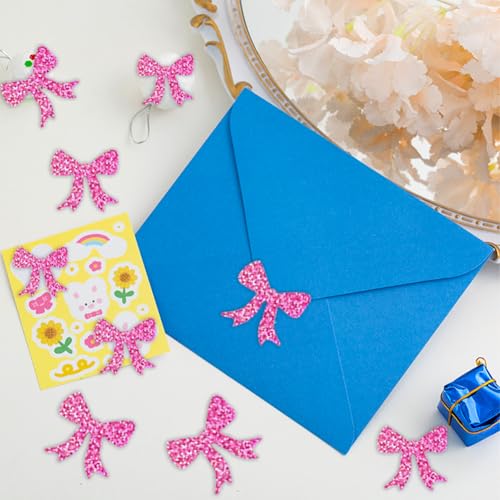 Image of 500Pcs Pink Bow Vinyl Stickers Roll 1.2in Glitter Valentines Stickers Sparkly Pink Bow Label Tag Self-Adhesive Classroom Reward Waterproof Decals for Bottle Birthday Party Decor