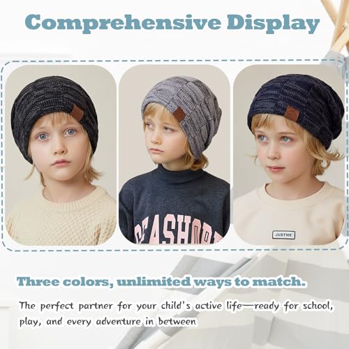 Image of Kids Winter Beanie Hats 3 Packs, Warm Skull Cap Cozy Fleece Lined for Boys Girls 4-15Y Slouchy Beanie Windproof Knitted Hat