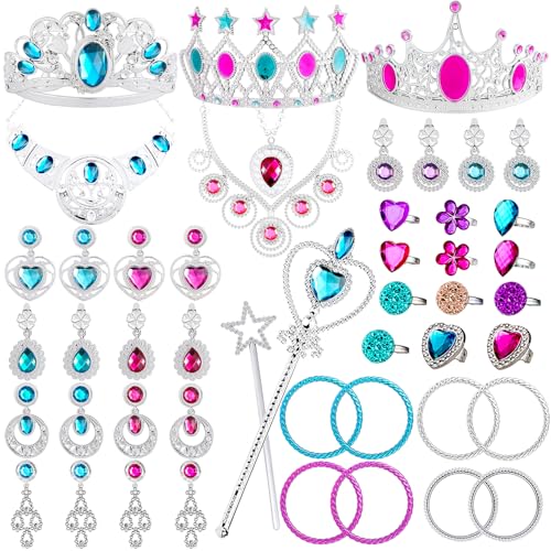 WATINC 46Pcs Princesse Dress Up Accessoires Set Filles Habiller Déguisement Bijoux Toys Diadème Collier Bracelet Baguette Magique Tiara Couronne Bague...
