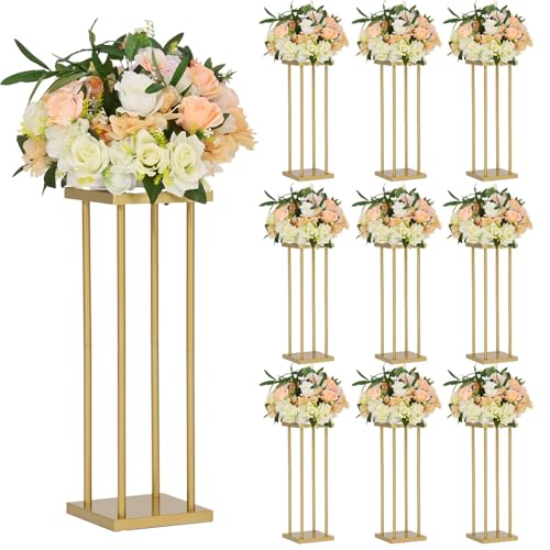 VINCIGANT 10Pcs 23.6Inch Tall Gold Geometric Centerpiece Stands, Metal Flower Floor Vase Column Flower Stand for Party, Table,Wedding Reception, Home Decoration