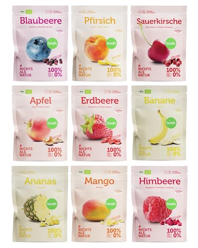 BUAH Gefriergetrocknete Früchte Probierset | Perfekter Snack aus knusprigen Fruchtchips | Süßigkeiten Alternative ohne Zuckerzusatz Toppings für Porridge | Vegan Glutenfrei