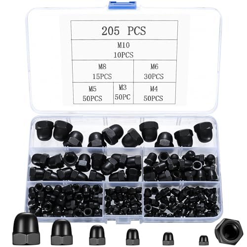 205 Pcs Dome Cap Nuts, DIN 1587 Carbon Steel Dome Nut Caps, Hex Dome Cap Nuts, Dome Cap Cover Nuts for Screws Nuts and Bolts Protective Caps Cover Hexagonal, M3 M4 M5 M6 M8 M10 Nuts, Black