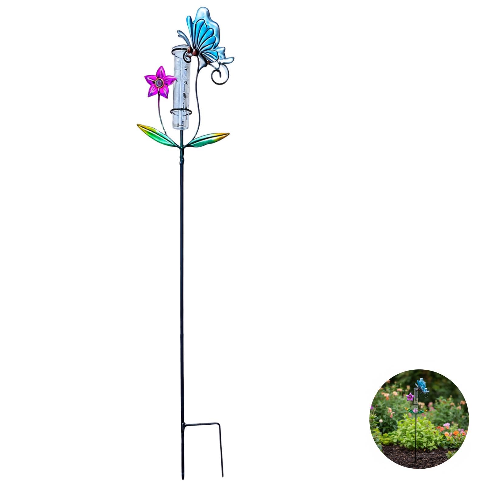 Jauge de pluie décorative, jauge de pluie papillon pour extérieur, tige en métal bleu, piquet de jardin en fer artistique pour mesurer les précipitations dans cour, pelouse, patio, décor paysager