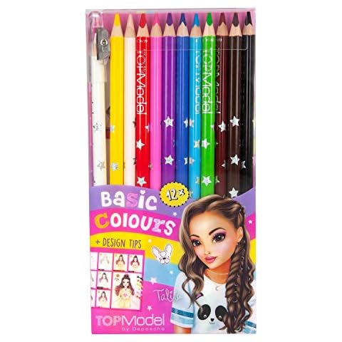Depesche 6694 TOPModel Colouring Pencils Basic Colours, 12 Pencils in 12 Bright, Intense Shades, Includes Sharpener and Painting School Cover