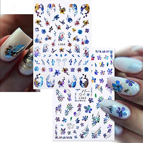 Yosomk 9 Sheets Flower Nail Art Stickers Decals Spring Butterfly Nail Decals 3D Self-Adhesive Nail Art Supplies Leaf Feather Laser Colorful Nail Accessories Decorations For Women Acrylic Nail Design. #TOP5