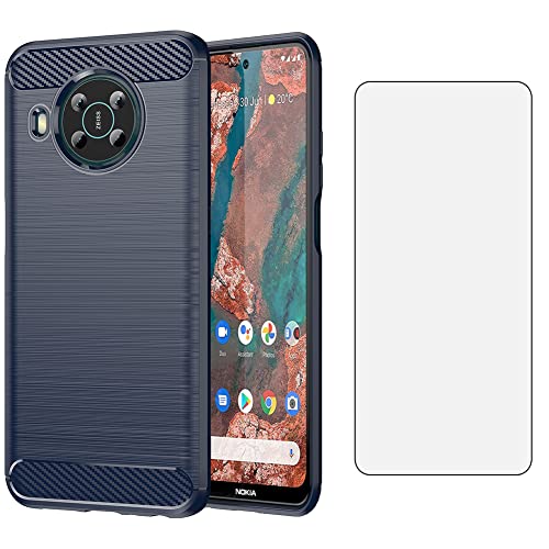 Asuwish Phone Case for Nokia X100 5G with Tempered Glass Screen Protector Cover and Cell Accessories Slim Soft Rubber Protective Silicone NokiaX100 X 100 100X TA-1399 Women Men Carbon Fiber Navy Blue
