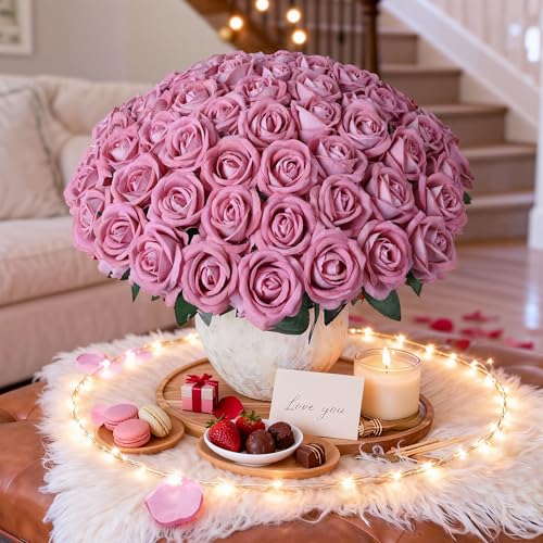 Image of 50 PCS Dusty Roses Artificial Flowers, Fake Roses with Stem Realistic Silk Roses for DIY Wedding Bouquets Tables Centerpieces Arrangements Baby Shower Birthday Home Decor Valentine's Day Gift for Her